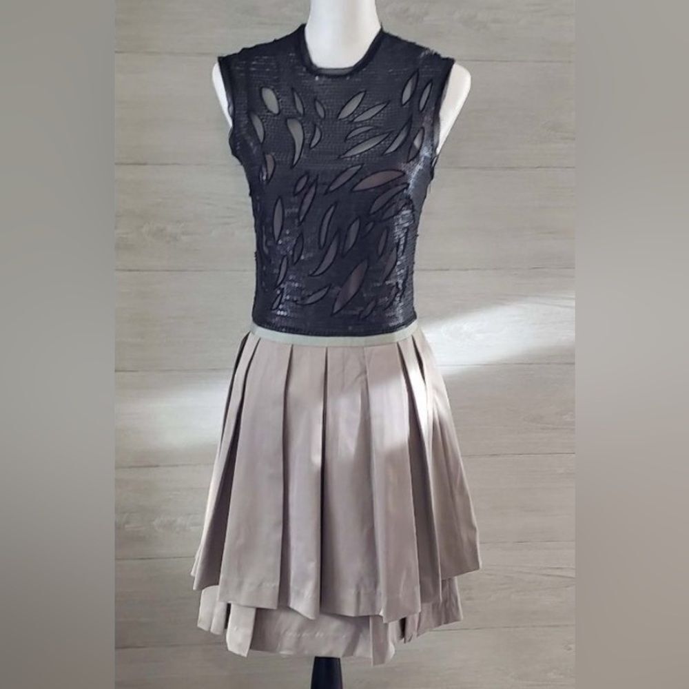 TS Three Seasons Striking Black and Taupe Sleeveless Sequin Pleated Bottom Dress